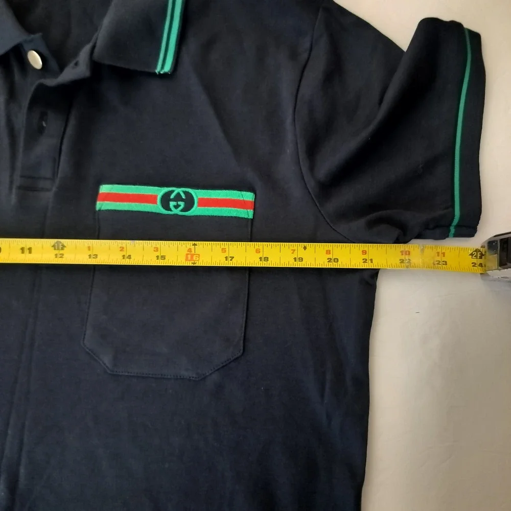 Gucci Mens Navy Blue Cotton Web Stripe Pocket Polo Shirt Large Interlocking G